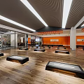 Modern Fitness Gym Interior With Bright Lighting Various Workout Equipment And Patterned Flooring