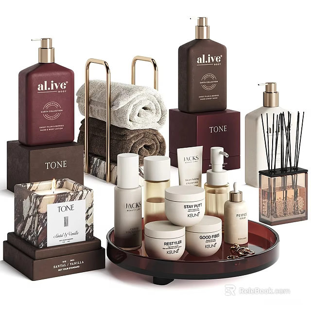 Luxury Bath And Daily Essentials With Skincare Bottles Rolled Towels And Marble Containers 3d model 