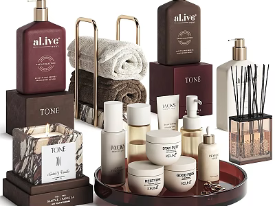 Luxury Bath And Daily Essentials With Skincare Bottles Rolled Towels And Marble Containers 3d model