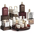 Luxury Bath And Daily Essentials With Skincare Bottles Rolled Towels And Marble Containers