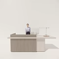 Wooden Reception Desk with Female Receptionist Computer and Desk Lamp in Modern Office Lobby