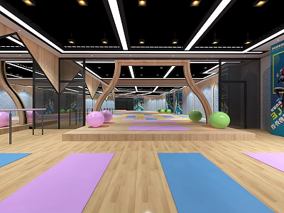Colorful Yoga Mats And Exercise Balls In Modern Fitness Studio With Wooden Floors 3d model