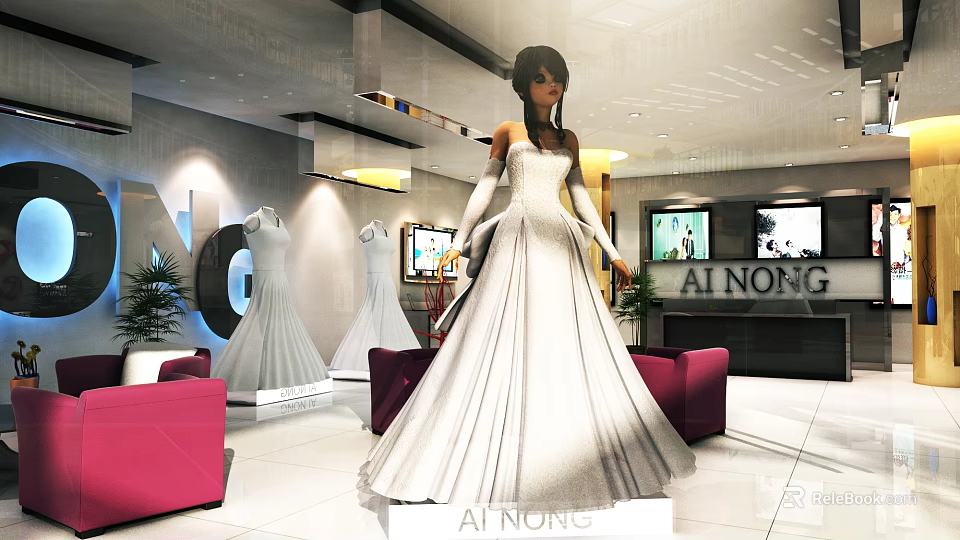 AINONG Mall Counter Showcasing Elegant Wedding Dresses With Stylish Mannequins And Decor 3d model 