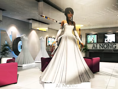 AINONG Mall Counter Showcasing Elegant Wedding Dresses With Stylish Mannequins And Decor 3d model