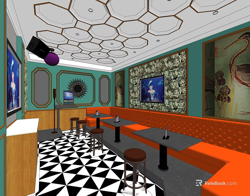 KTV Lounge Interior With Orange Sofas Black White Checkered Floor And Geometric Ceiling 3d model 