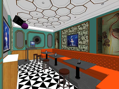 KTV Lounge Interior With Orange Sofas Black White Checkered Floor And Geometric Ceiling 3d model