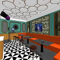 KTV Lounge Interior With Orange Sofas Black White Checkered Floor And Geometric Ceiling