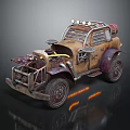 Rusty Modified Car With Exposed Mechanical Parts Rugged Tires And Roof Lights