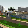 Modern Office Building With Geometric Facade Metal Glass Panels Plaza Pedestrians Greenery
