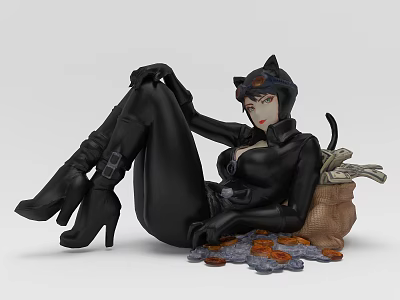 Woman In Black Leather Cat Costume With Headpiece Sitting Beside Coin Bag With Scattered Coins 3d model