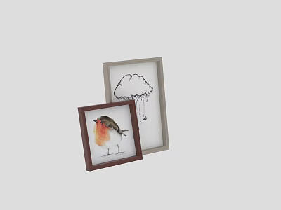 Brown and Gray Picture Frames Featuring Robin Bird and Cloud Artwork for Home Decor 3d model