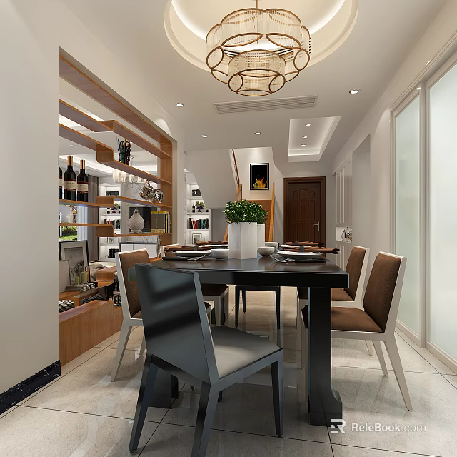 Modern Dining Room Interior With Wooden Table Chairs Chandelier Wine Rack And Green Plants 3d model 