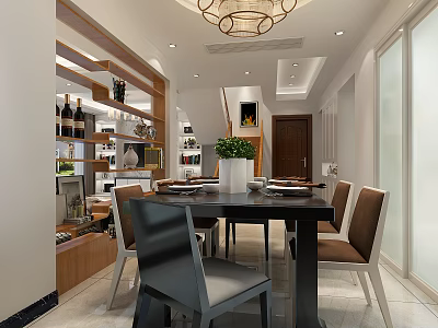 Modern Dining Room Interior With Wooden Table Chairs Chandelier Wine Rack And Green Plants 3d model
