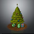 Wooden Christmas Tree With Colorful Balls Star And Green Red Blue Gift Boxes On Base