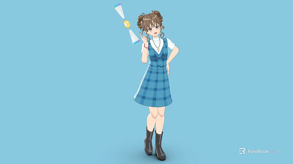 Woman with Pigtails in Blue Plaid Dress Holding Magic Wand and Black Boots 3d model 