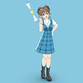 Woman with Pigtails in Blue Plaid Dress Holding Magic Wand and Black Boots