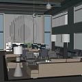 Modern Sales Office Interior Design With Spacious Layout Large Windows Cozy Sofas And Wooden Elements 3d model