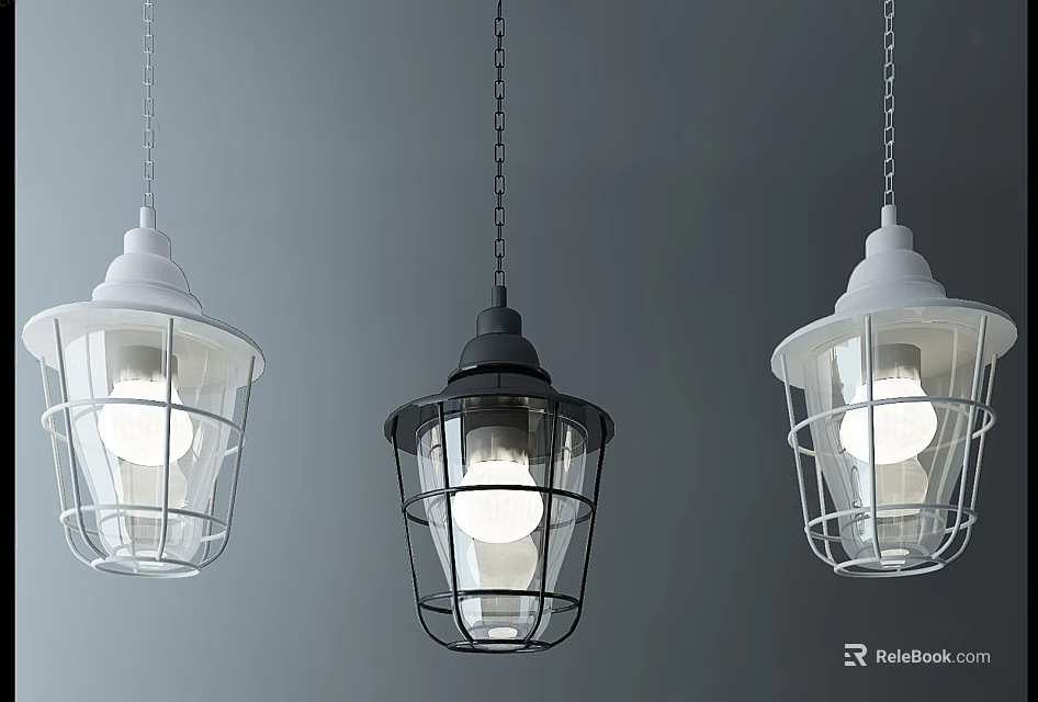 Modern Pendant Lights With White And Black Frames And Transparent Glass Shades Hanging 3d model 