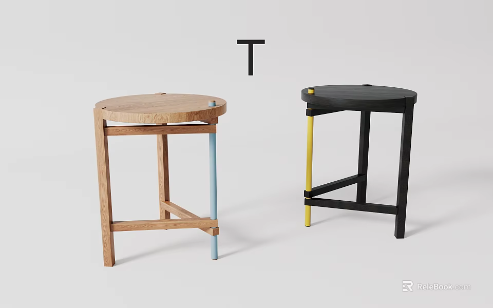 Wooden And Black Bar Stools With Colored Legs Blue Yellow Accents 3d model 