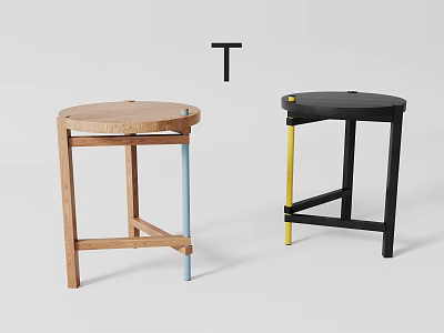 Wooden And Black Bar Stools With Colored Legs Blue Yellow Accents 3d model