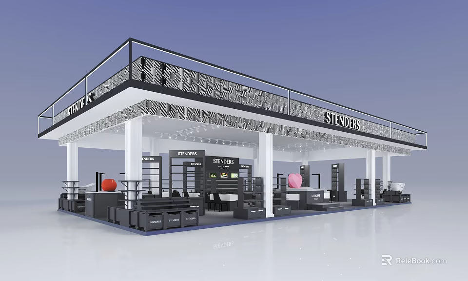 STUDIOS Two Story Retail Store With White Pillars Black Railings Display Shelves And Balls 3d model 