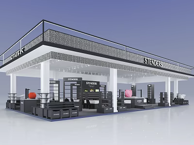 STUDIOS Two Story Retail Store With White Pillars Black Railings Display Shelves And Balls 3d model