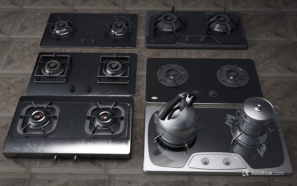 Stylish Kitchen Appliances Featuring Gas Stoves And Stainless Steel Kettle For Modern Home Cooking 3d model 