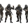 Four Individuals in Tactical Military Gear Holding Firearms During Action Movement