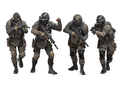 Four Individuals in Tactical Military Gear Holding Firearms During Action Movement 3d model