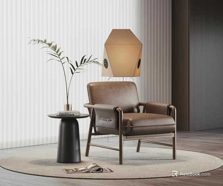 Modern Minimalist Leather Accent Chair With Side Table Plant And Floor Lamp 3d model 