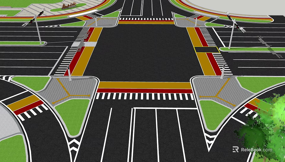 Garden Landscape Design For Urban Road With Green Belts And Crosswalks 3d model 