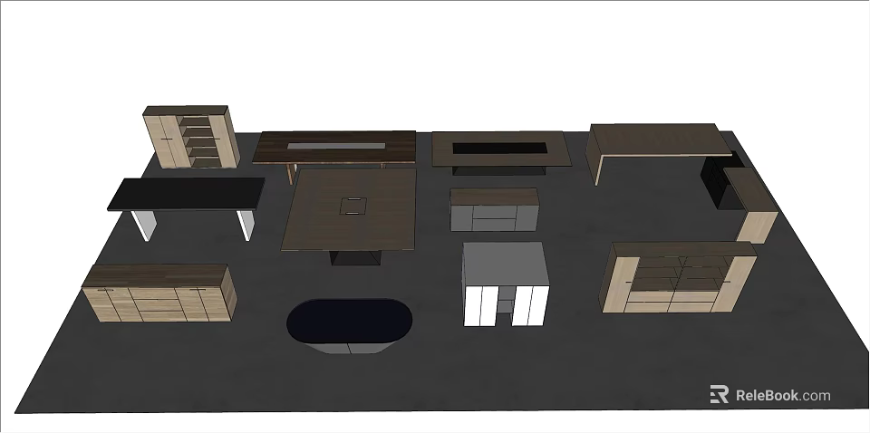 Modern Office Desk Layout With Multiple Workstations And Storage Cabinets 3d model