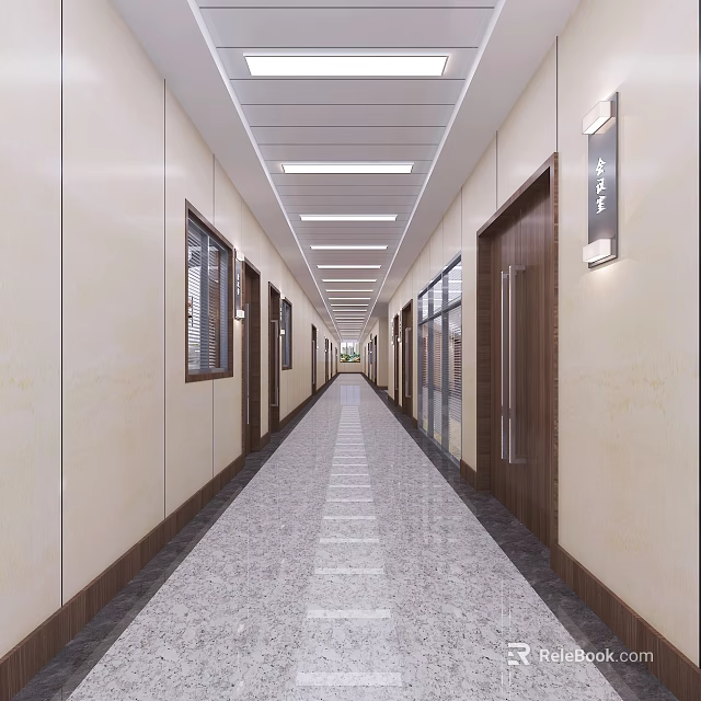 Modern Office Corridor With Light Colored Walls Wooden Doors Gray Tiled Floor And Ceiling Lights 3d model 