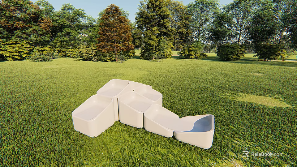 Stylish Modern White Outdoor Chairs Arranged On Green Grass With Trees 3d model 