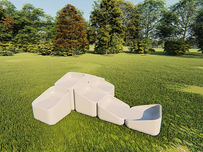 Stylish Modern White Outdoor Chairs Arranged On Green Grass With Trees 3d model