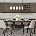 Modern Dining Table Set With Beige Chairs And Pendant Lights In Kitchen 3d model