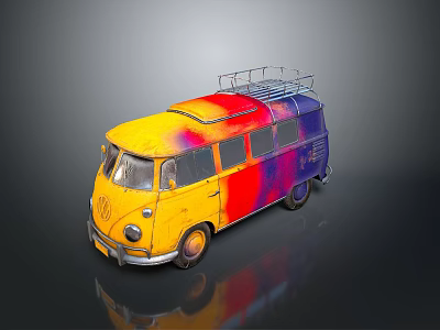 Vintage Classic Bus with Yellow Red Purple Gradient and Roof Rack Exterior Design 3d model