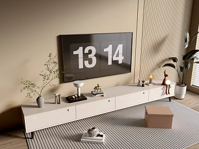 Modern TV Stand With Flat Screen TV Decorative Items And Potted Plant 3d model