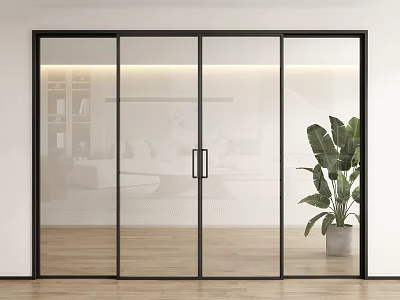 Sliding Glass Doors With Black Frame In Modern Indoor Space Green Plant Wooden Floor 3d model