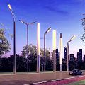 Modern Outdoor Lights Illuminating Urban Road With Trees And City Skyline