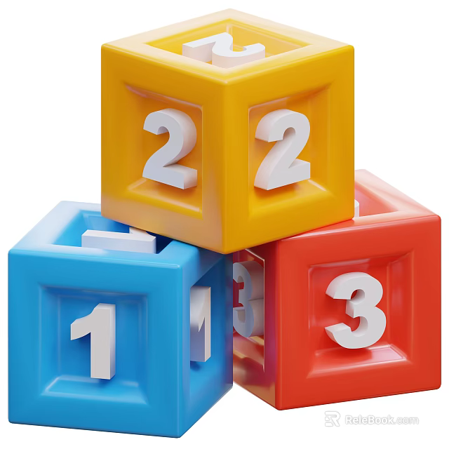 Colorful Stacked Building Blocks with Numbers 1 2 3 on Cube Surfaces 3d model 
