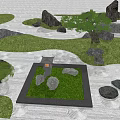 Japanese Garden Ornament With Stone Lantern Gravel Path And Green Lawn