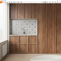 Wooden Kitchen Cabinets With Geometric Pattern Tile Backsplash And Window Blinds