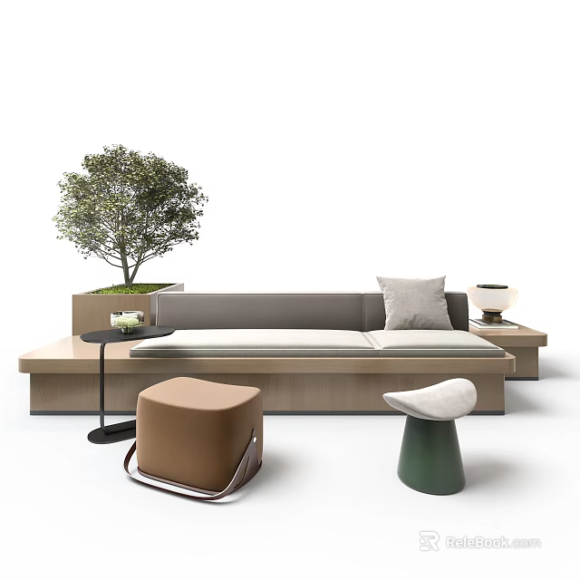 Modern Public Chair Design With Wooden Frame Fabric Cushion Green Plant And Stools 3d model 