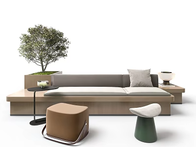 Modern Public Chair Design With Wooden Frame Fabric Cushion Green Plant And Stools 3d model