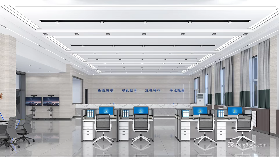 Modern Service Hall Interior With Desks Computers And Bright Lighting 3d model 