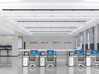 Modern Service Hall Interior With Desks Computers And Bright Lighting 3d model
