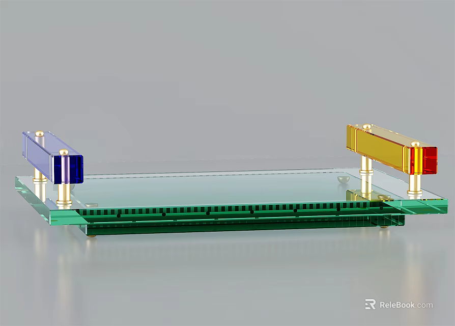 Modern Glass Serving Tray With Colorful Metal Supports And Green Base 3d model 