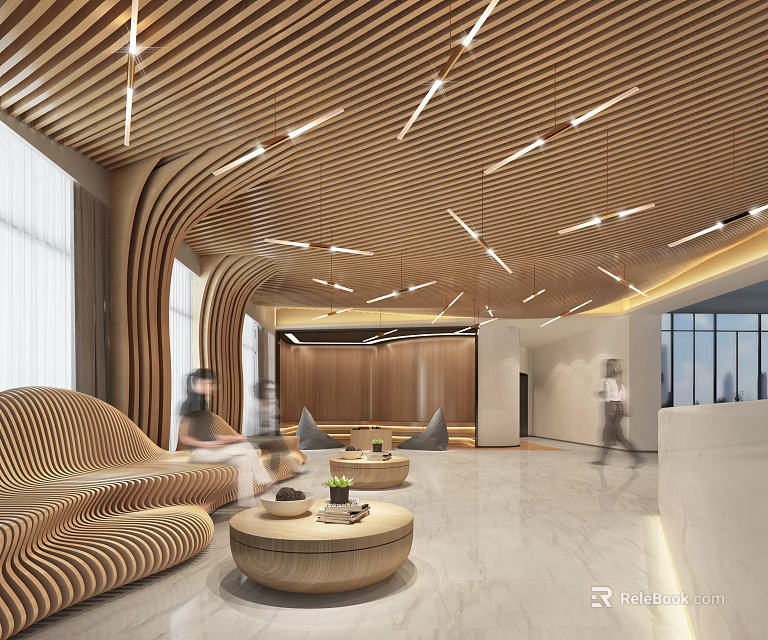 Modern Reception Area Front Desk With Curved Wooden Ceiling Round Coffee Tables And Sofa Seating 3d model 