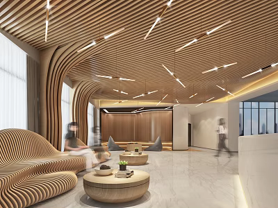 Modern Reception Area Front Desk With Curved Wooden Ceiling Round Coffee Tables And Sofa Seating 3d model